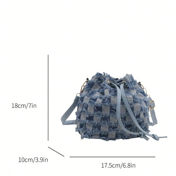 Blue Fashionable Women's Checkered Diamond-Shaped Shoulder Bucket Bag - Picture 2 of 10